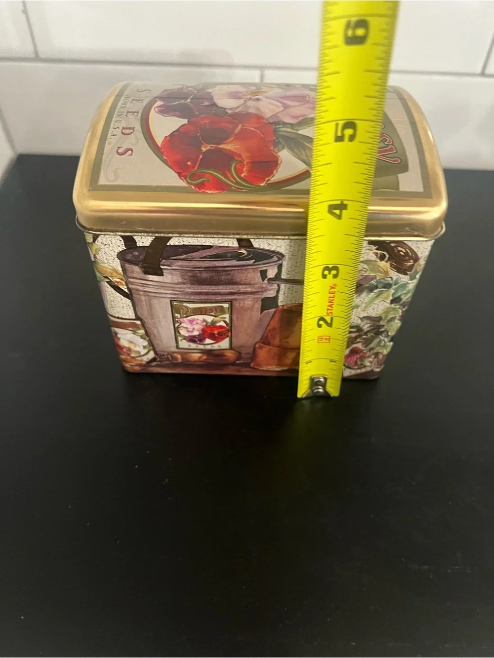 Decorative Garden Pansy Seeds Tin Storage Box - Gold and Brown